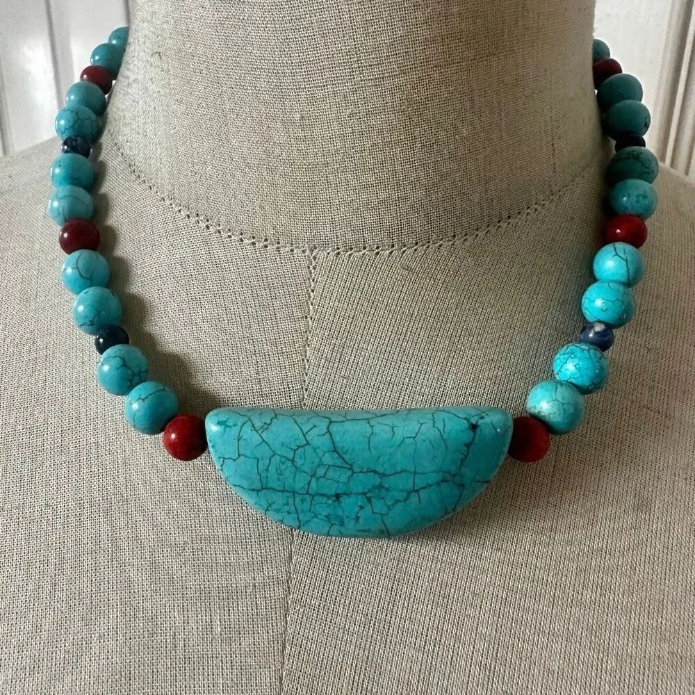 Chunky Statement Necklace • Dyed Howlite, Sodalite & Red Accent Beads